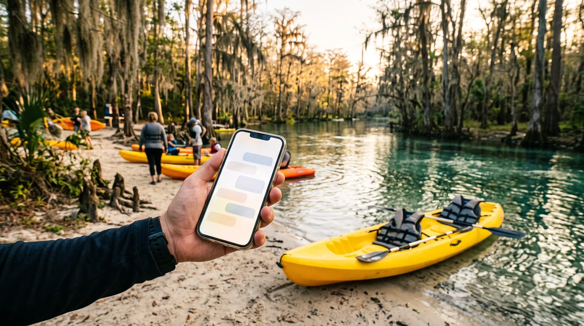 A hand holds a phone showing a chat at a kayak launch, a yellow kayak and green water behind