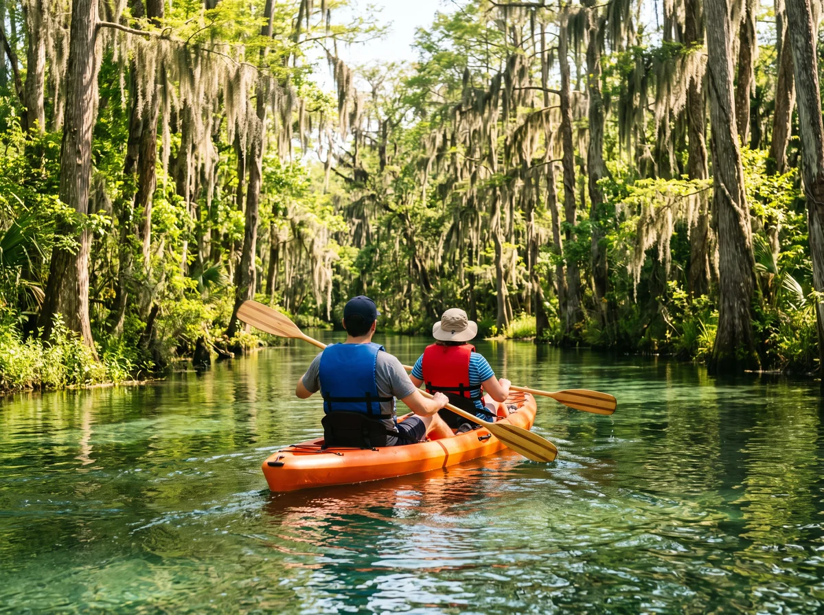 Two friends seen from behind paddle a tandem kayak along green, tree-lined water.