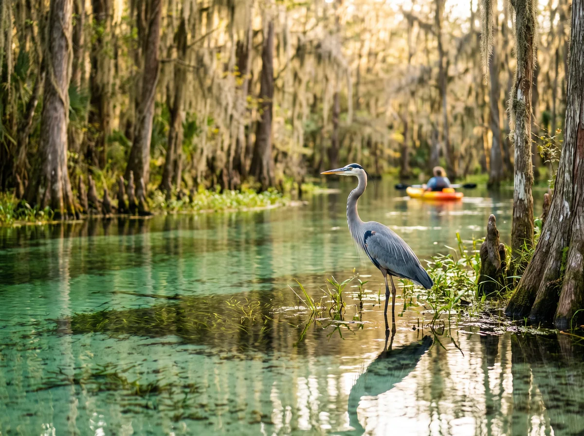 Wildlife you might see, not a promise: a great blue heron stands in shallow water in golden light.