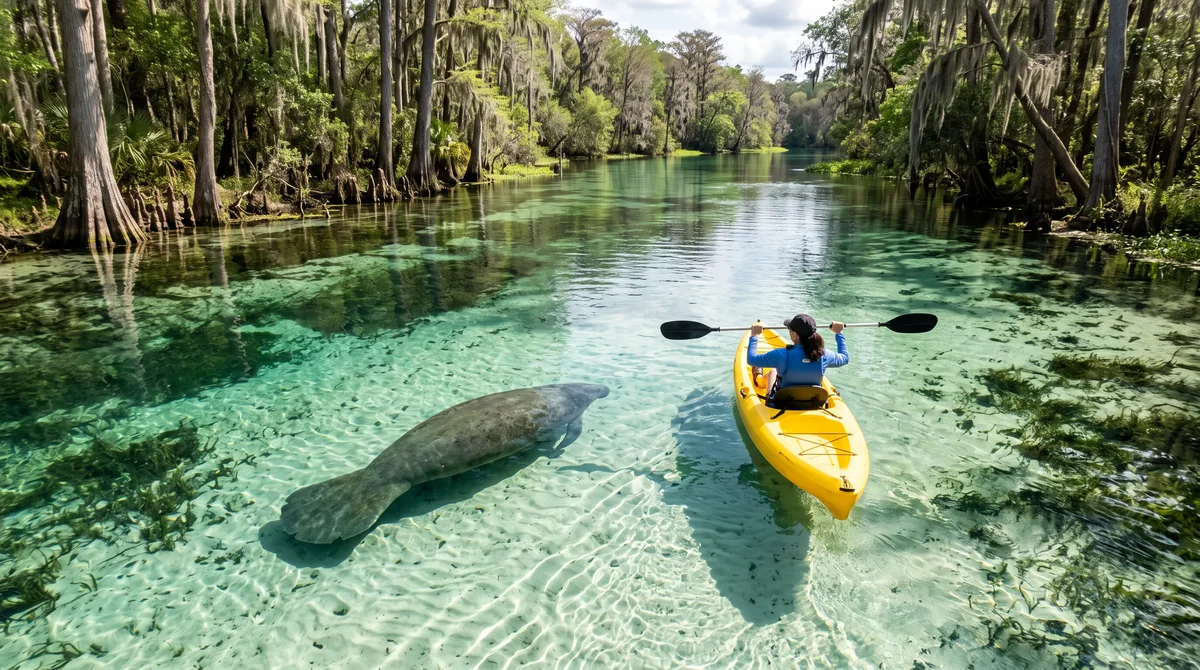 Wildlife you might see, not a promise: a manatee glides beside a yellow kayak at a respectful distance.