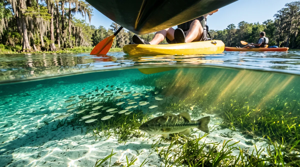Wildlife you might see, not a promise: a school of fish swims in clear water beneath a kayak.