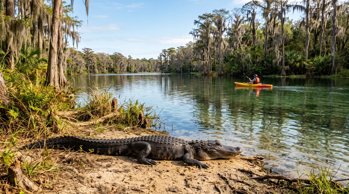 Wildlife you might see, not a promise: an alligator rests on a sunny bank as a kayak passes far off.
