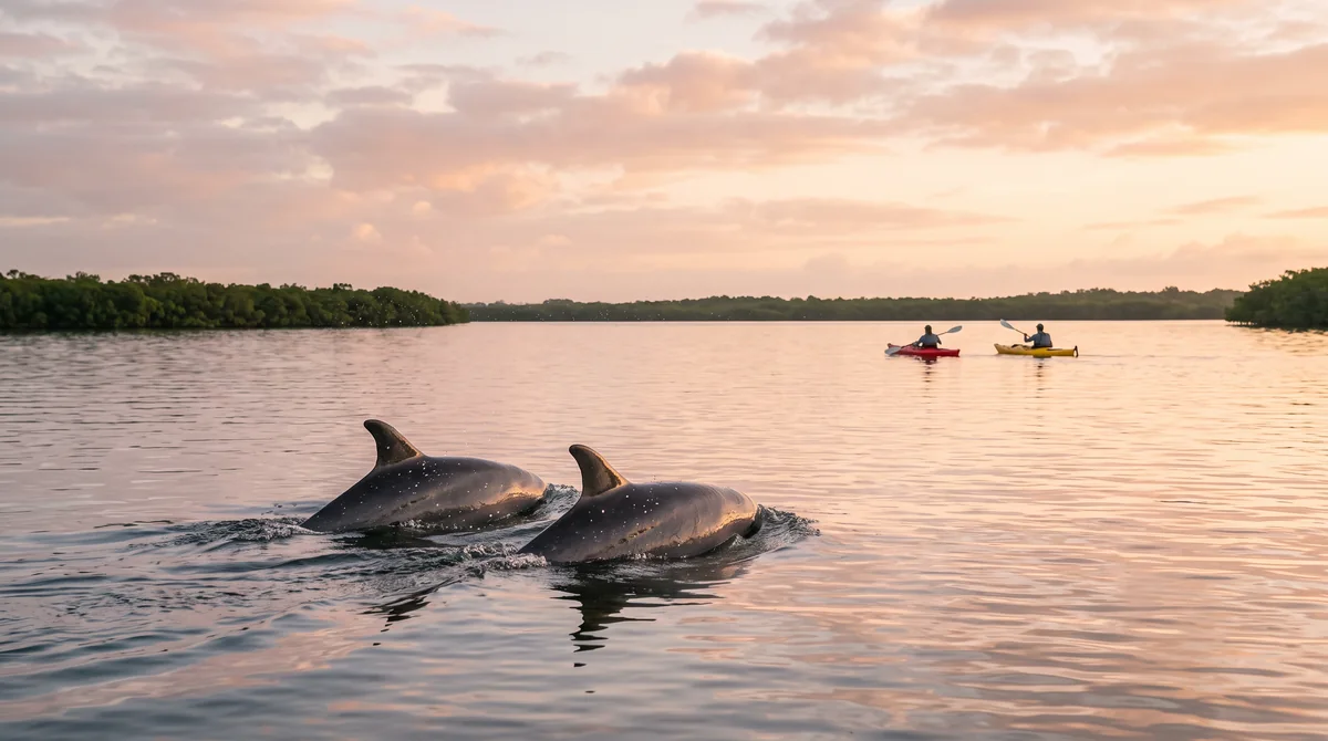 Wildlife you might see, not a promise: dolphins surface in calm dawn water as kayaks wait far off.