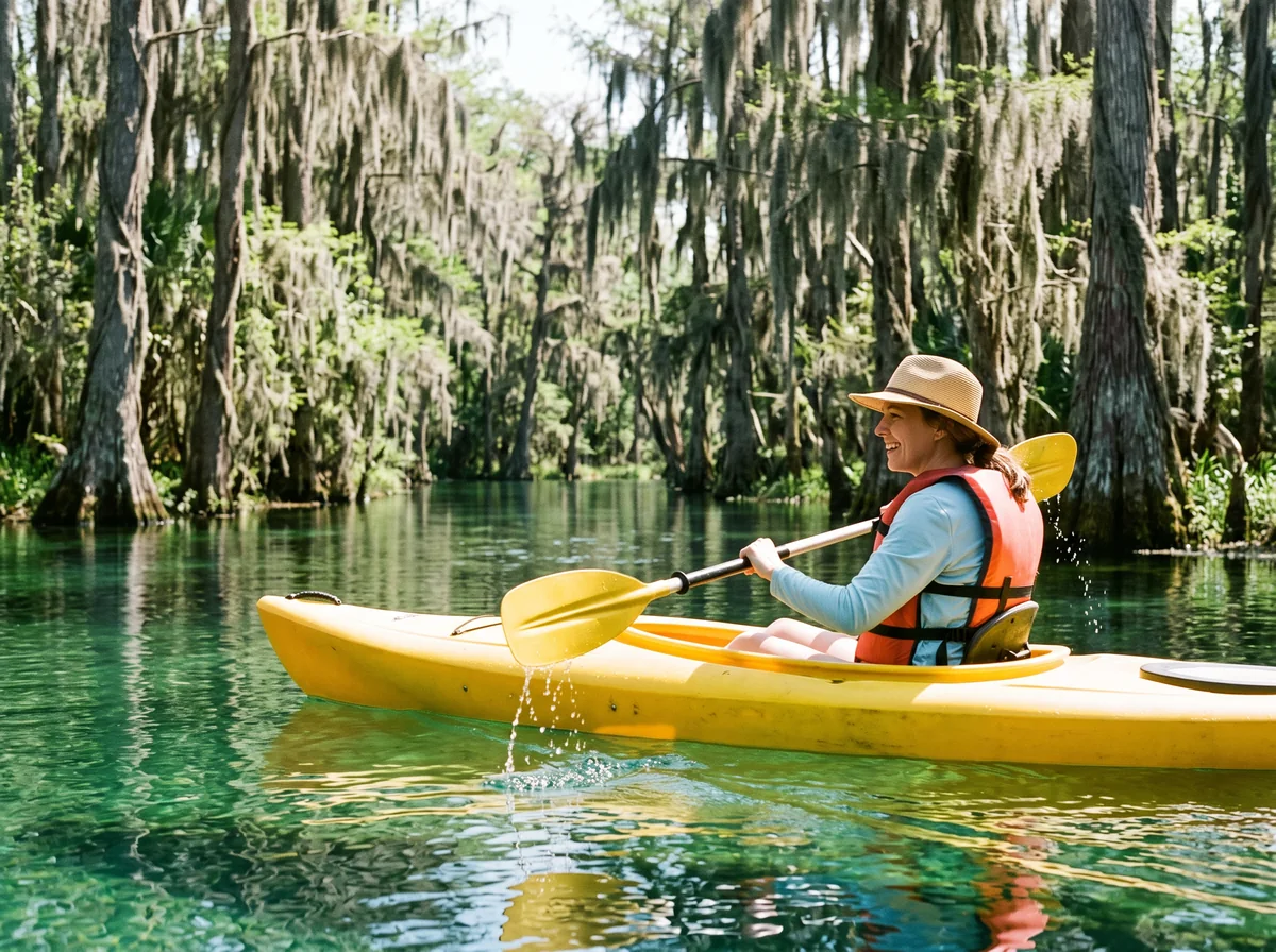 A woman in profile paddles a yellow kayak through sunlit green water, smiling