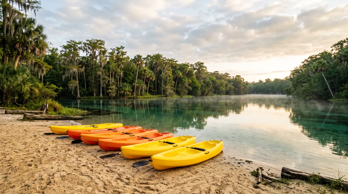 A row of yellow and orange kayaks waits on a sandy bank beside a clear green waterway.