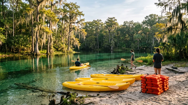 Yellow kayaks and orange life vests lined up on the bank, ready for the briefing.