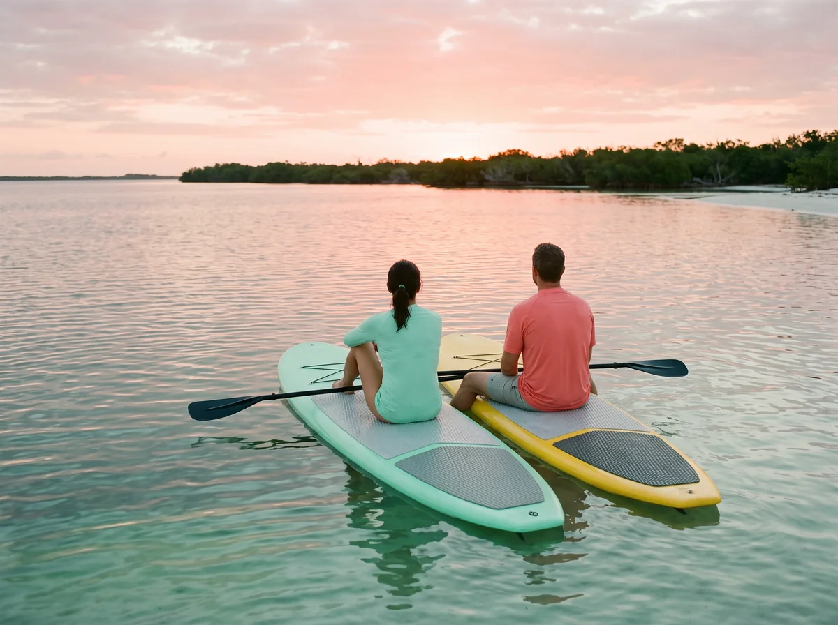 A couple seen from behind sit on paddleboards side by side watching a pink sunrise on glassy water.