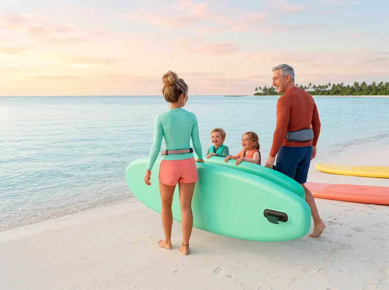 A family carrying a board down to the water after the lesson.