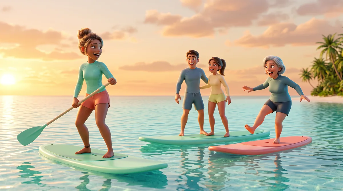 Illustration: the paddleboard instructor laughs with three paddlers on boards over sparkling aquamarine shallows.