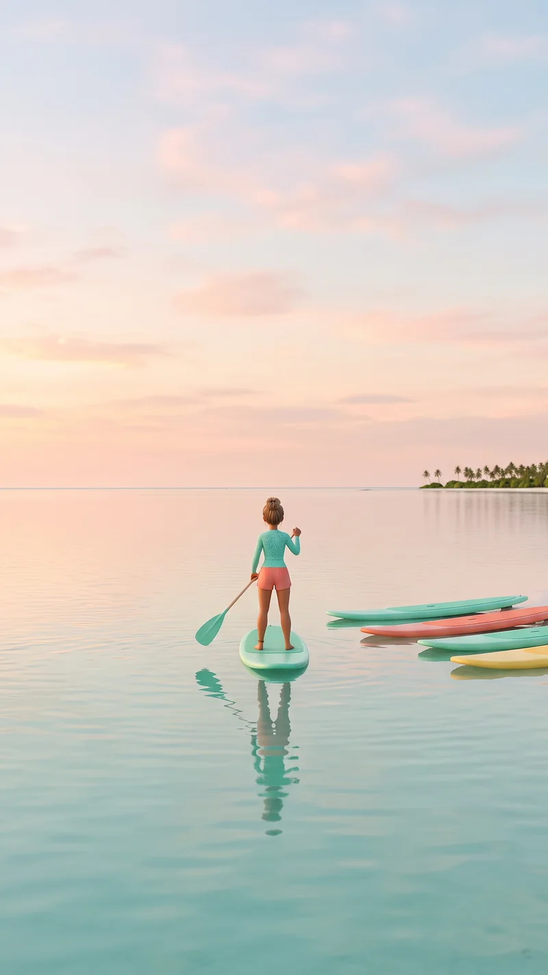 Illustration: the paddleboard instructor stands on her mint board on glassy peach-pink water, a row of boards beside her.