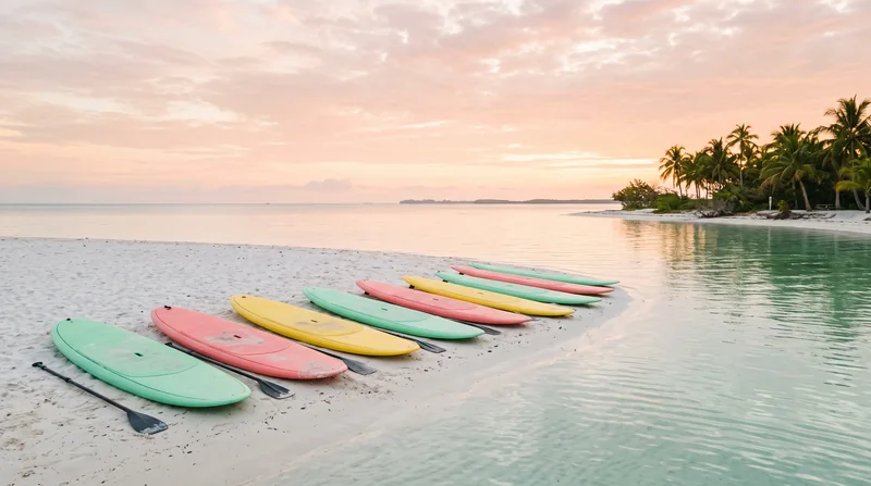 Boards lined up on the sand in the first light.