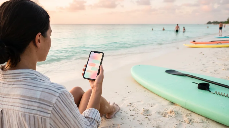 A phone showing a chat, held on a beach beside a mint board.