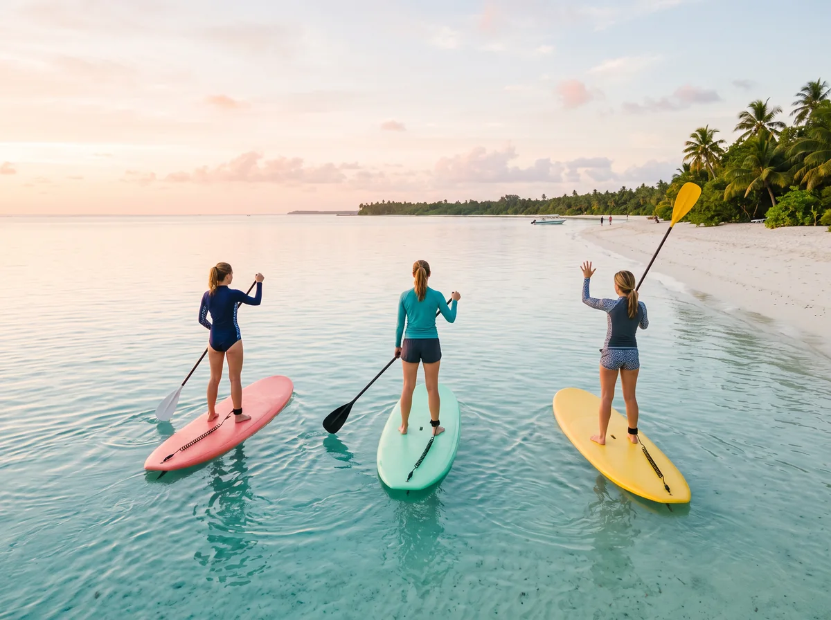 Three friends seen from behind stand on paddleboards on calm turquoise water, one waving a paddle.