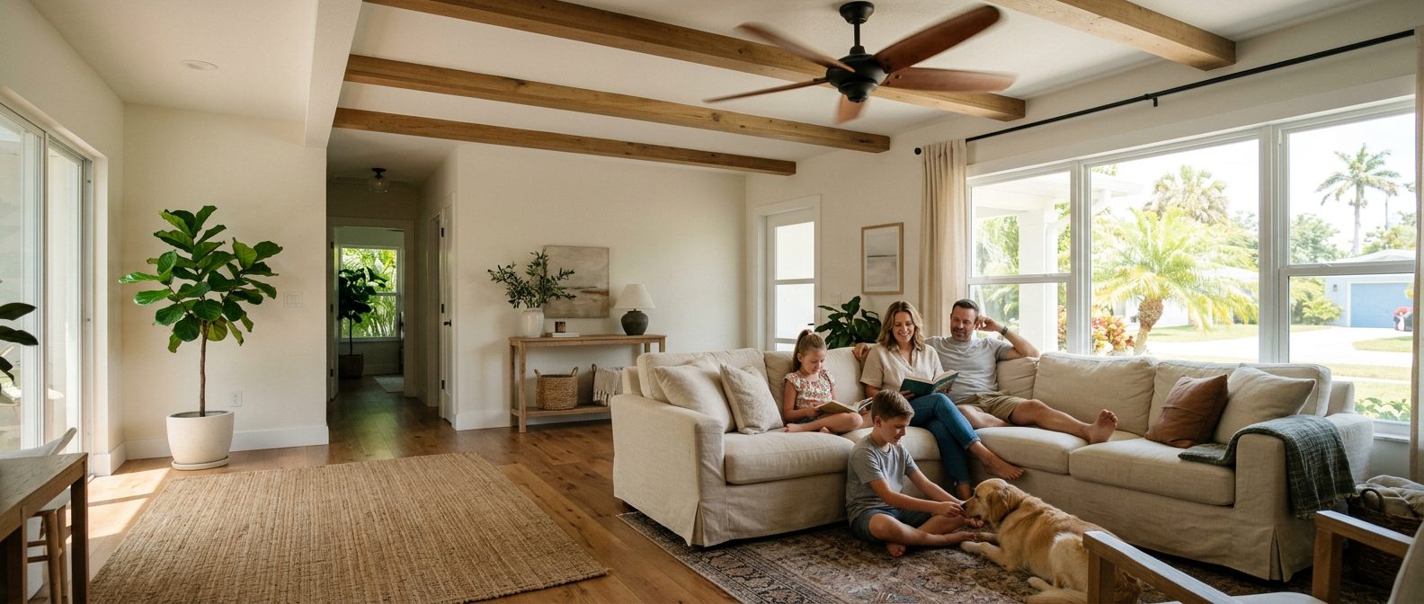 A family relaxing in a bright living room, ceiling fan turning and palms outside the window