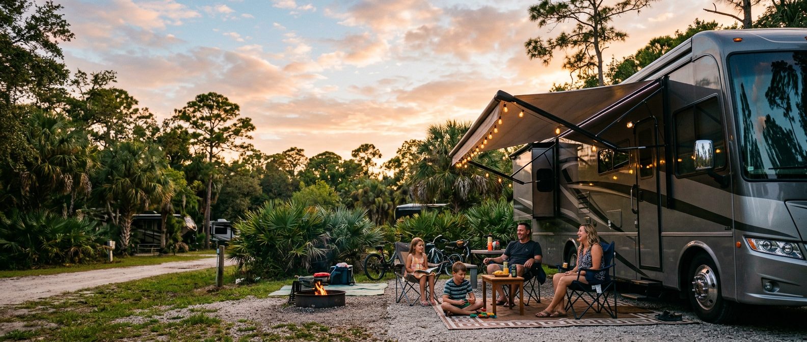 A family sitting out under the awning of a motorhome at a campsite at sunset, a fire lit beside them