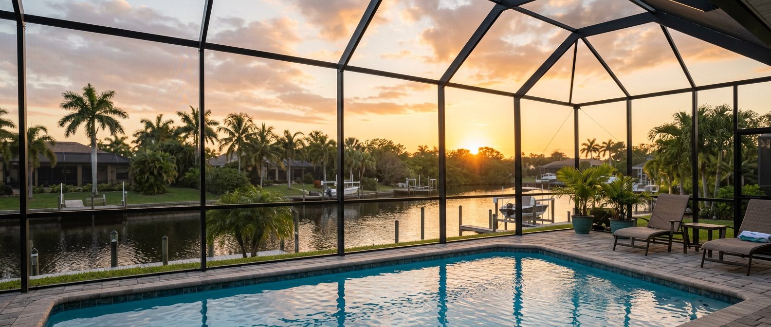 A screened pool enclosure at sunset, looking out across a canal to palms and neighbouring homes