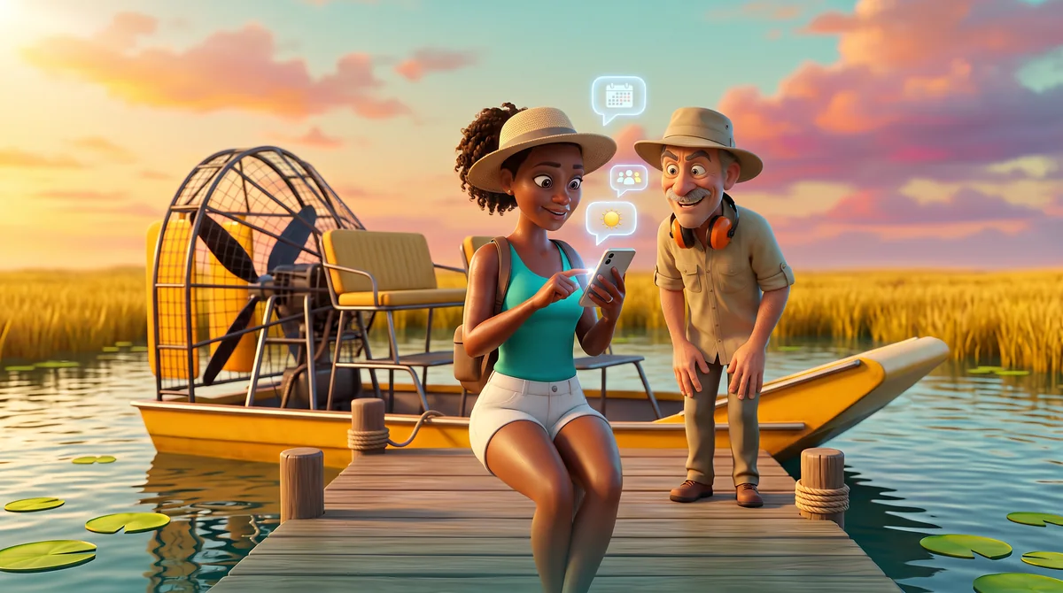 Illustration: the guest types on her phone while three abstract question bubbles float above it and the guide peers over her shoulder with a raised eyebrow.