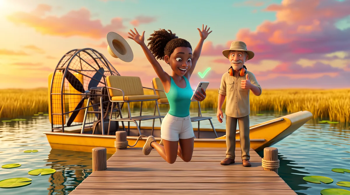 Illustration: the guide gives a thumbs-up and the guest leaps for joy as her straw hat spins off in the airboat's breeze.