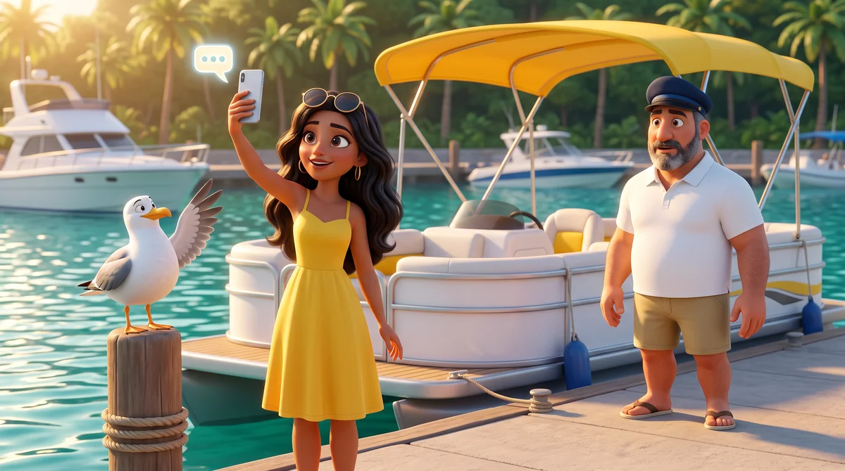 Illustration: a guest holds up her phone to tap a chat button at the marina while a seagull on a piling copies her pose and the host grins.