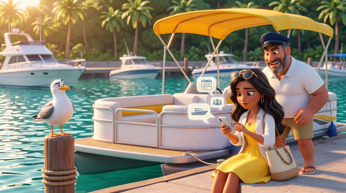 Illustration: the guest types on her phone while three abstract question bubbles float above it and the host raises an eyebrow in approval.