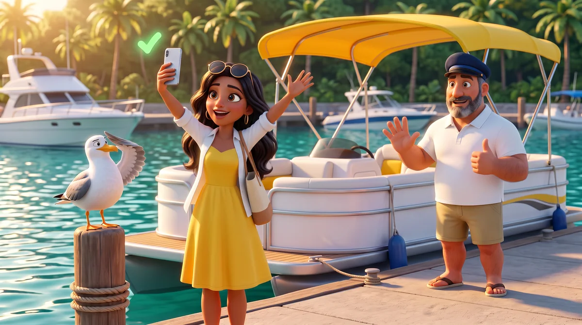 Illustration: the host gives a thumbs-up and the guest spins for joy on the dock as a seagull salutes.