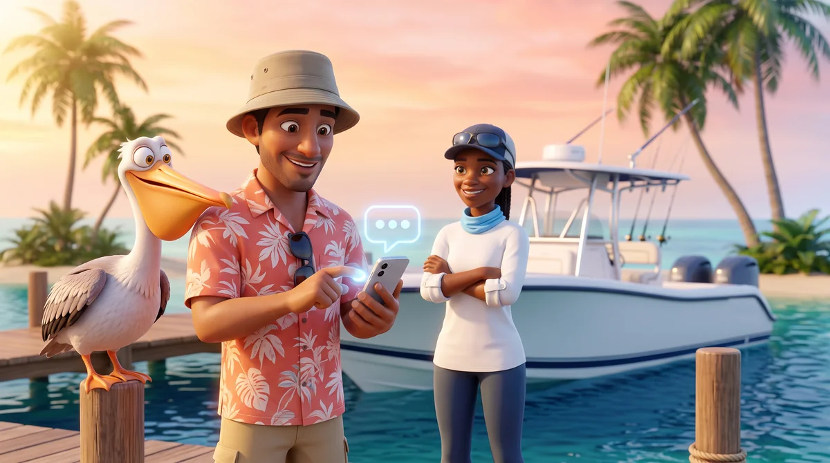 Illustration: a guest taps a chat button on his phone at the marina dock while a curious pelican peers over his shoulder and the captain smiles.