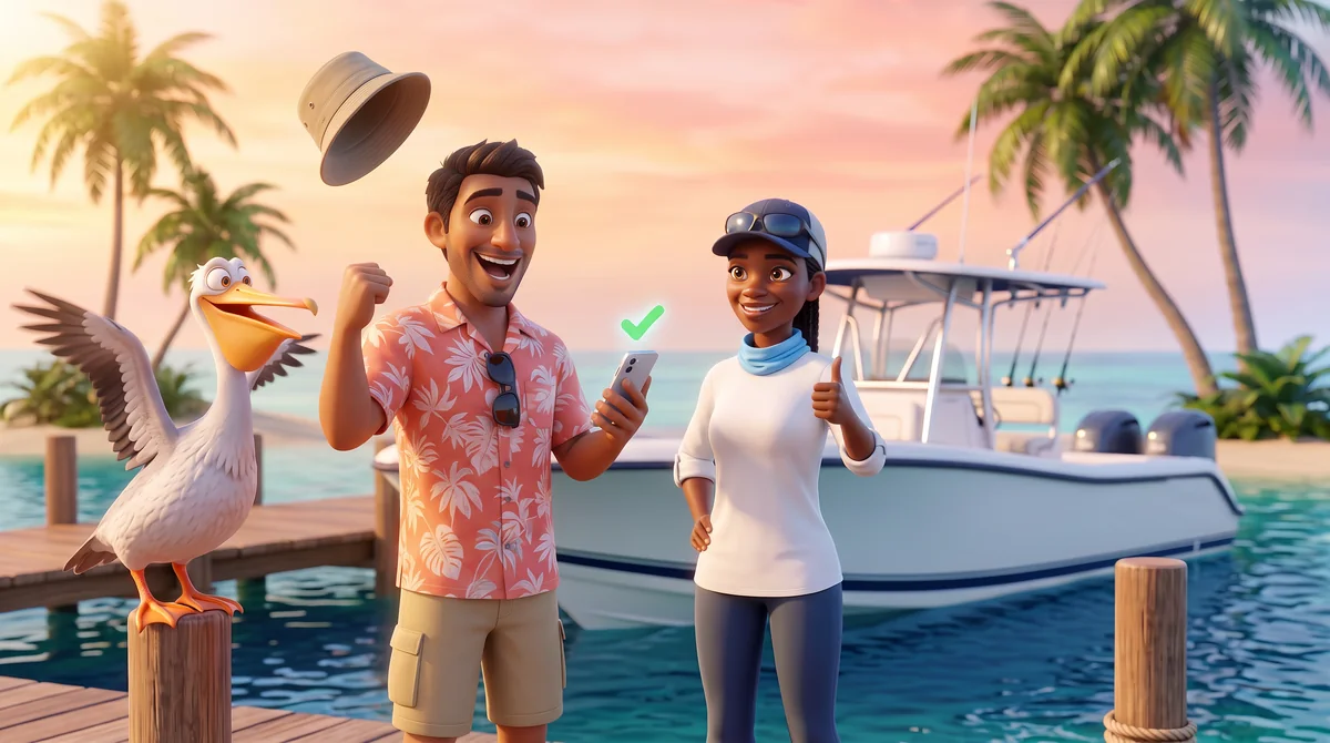Illustration: the captain gives a thumbs-up and the guest cheers as his hat tumbles and the pelican flaps its wings in celebration.