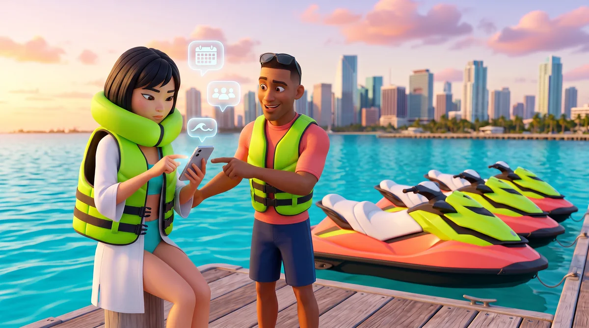 Illustration: the guest types on her phone while three abstract question bubbles float above it and the host raises an eyebrow in approval.