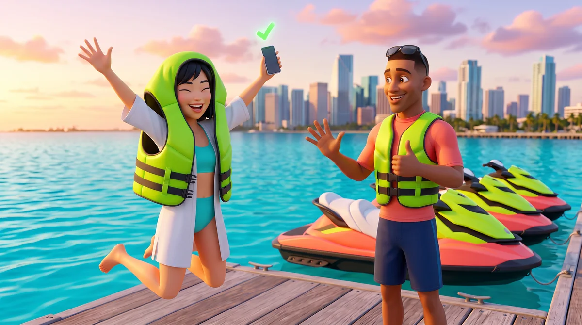 Illustration: the host gives a thumbs-up and the guest leaps for joy so high her life vest rides up over her head.