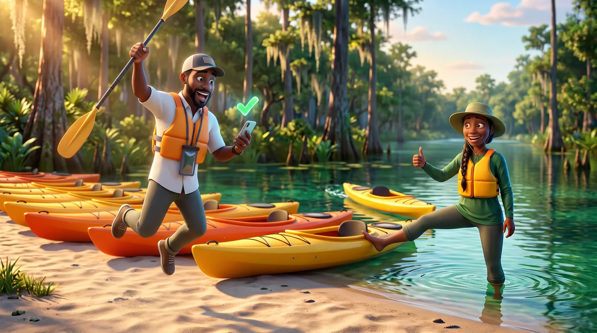 Illustration: the guide gives a thumbs-up and the guest leaps with his paddle in the air as his kayak drifts comically away.