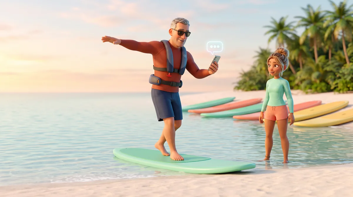 Illustration: a guest balances carefully on a paddleboard with his phone while he taps a chat button and the instructor stifles a laugh.
