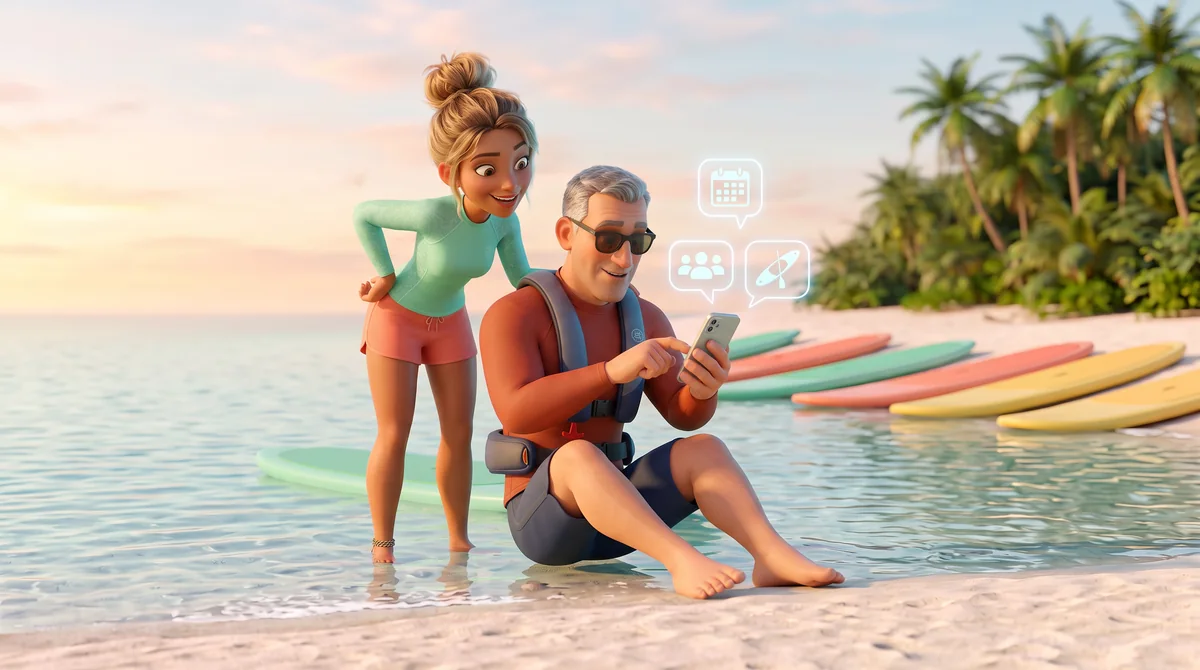 Illustration: the guest types on his phone while three abstract question bubbles float above it and the instructor steadies his board and raises an eyebrow.