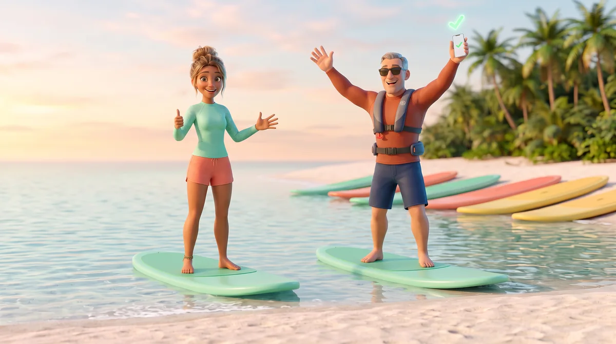 Illustration: the instructor gives a thumbs-up while the guest cheers with his arms up, balancing perfectly on his board.